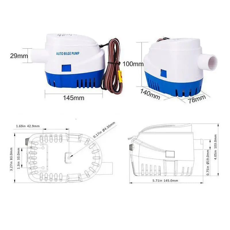 6500GPH/750GPH/1100GPH Automatic Submersible Bilge Pump – 12V/24V Electric Marine Water Pump