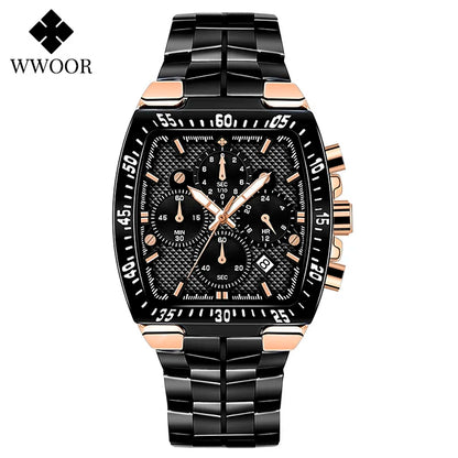 WWOOR Men Chronograph Sport Watches For Men Fashion Square Top Brand Luxury Stainless Steel Waterproof Quartz Watch Reloj Hombre