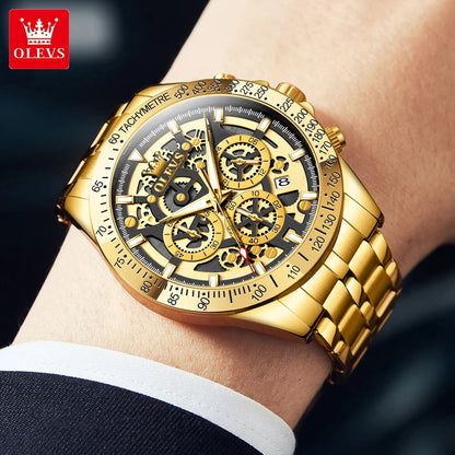 OLEVS Lxuxry Brand Gold Men's Watches Full Skeleton Stainless steel Chronograph Wristwatch Waterproof Luminous Quartz Watch Men