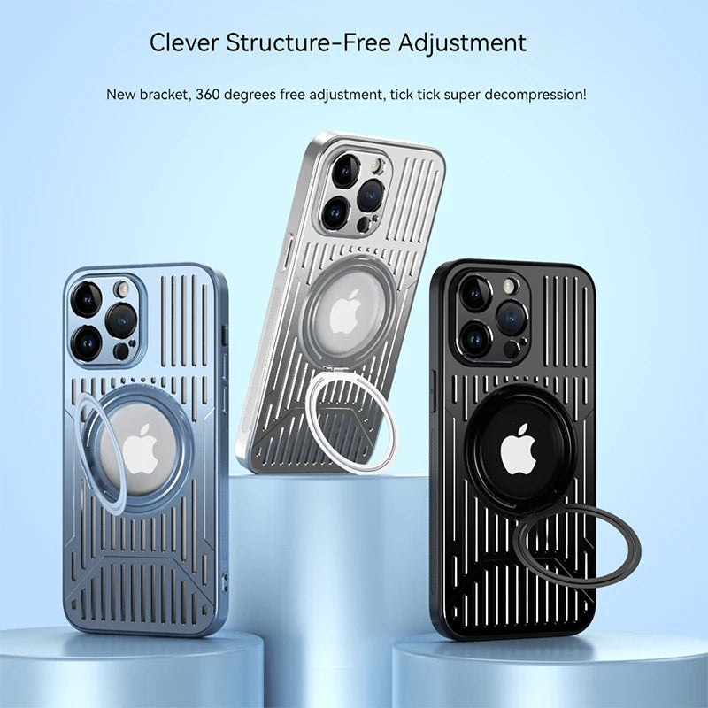 For Iphone 15 14 13 Pro Max Phone Case Metal Heat Dissipation Rotating Magnetic Suction Bracket Electroplating Frame Back Cover