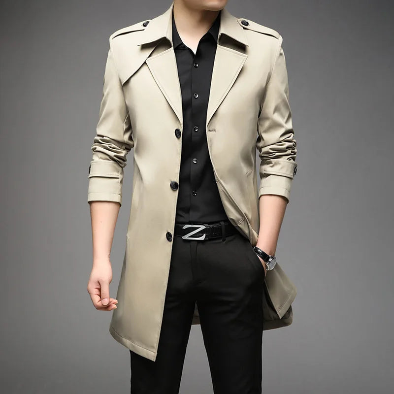 Men's Fashionable Long Trench Coat – Business Casual Windbreaker, Solid Color