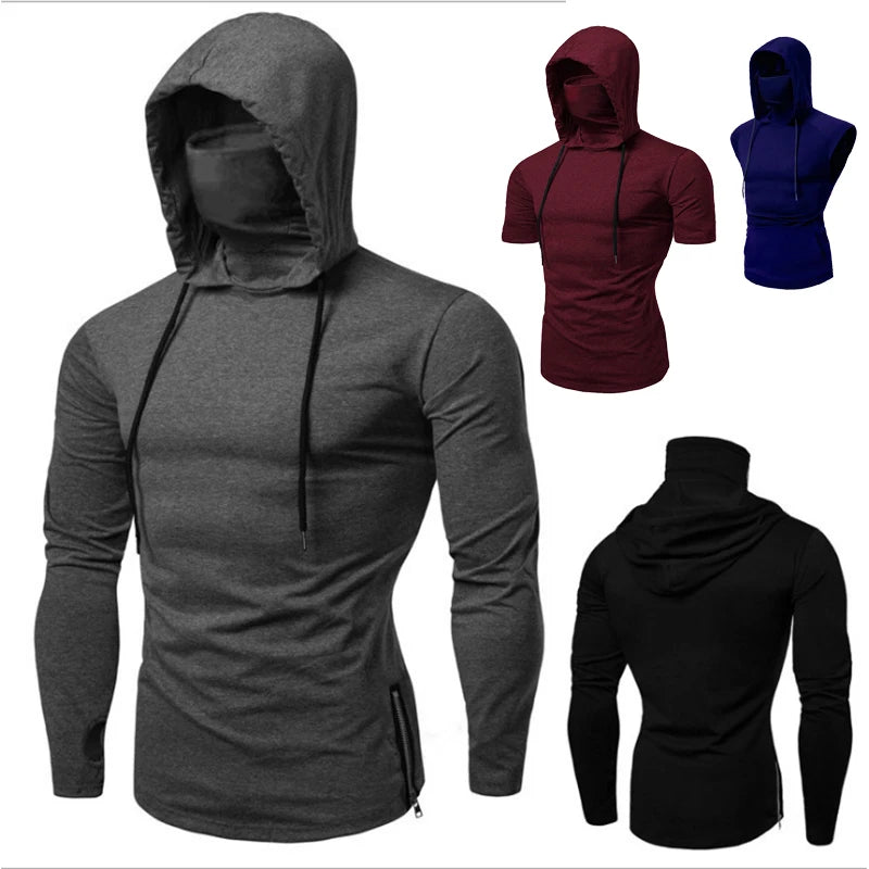 new Mens Gym Thin Hoodie Long Sleeve Hoodies With Mask Sweatshirt Casual Splice Large Mask Hoodie Sweatshirt Hooded Tops Cycling