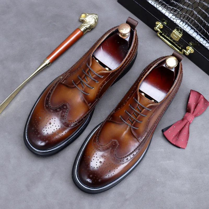 Premium Cowhide Leather Lace-Up Brogue Shoes for Men – Elegant Business & Casual Style