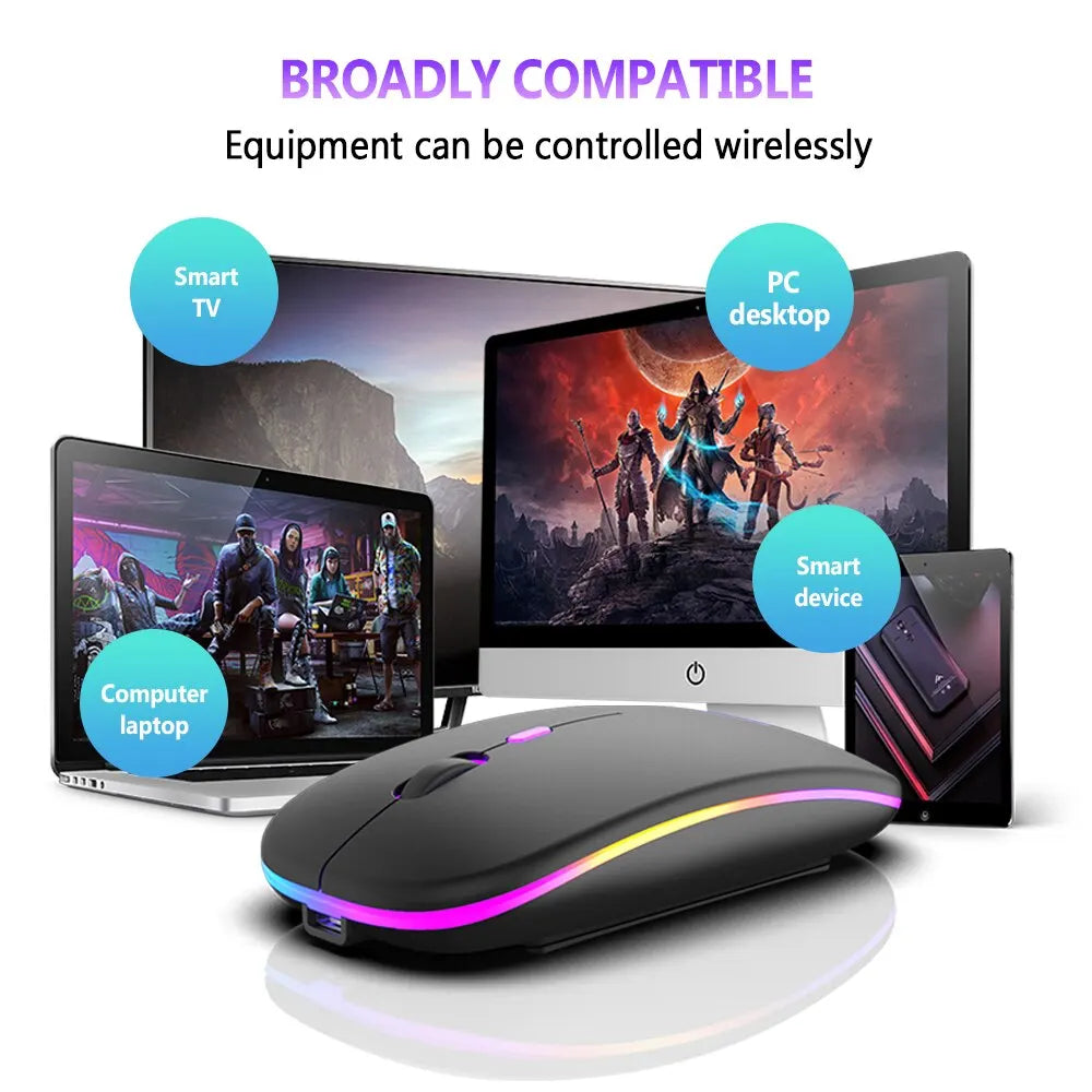 Rechargeable Wireless Mouse – Bluetooth & 2.4GHz Dual Modes, Ergonomic Design, RGB Lighting, Silent Click for PC, iPad, Laptop & TV