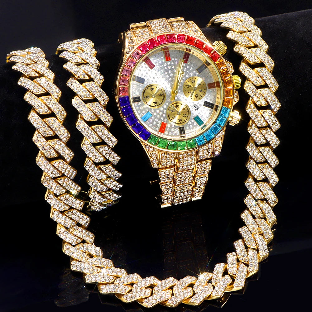 Hip Hop Bling Jewelry Set – Iced Out Necklace, Watch, and Bracelet with 2 Row Prong Cuban Link Chain