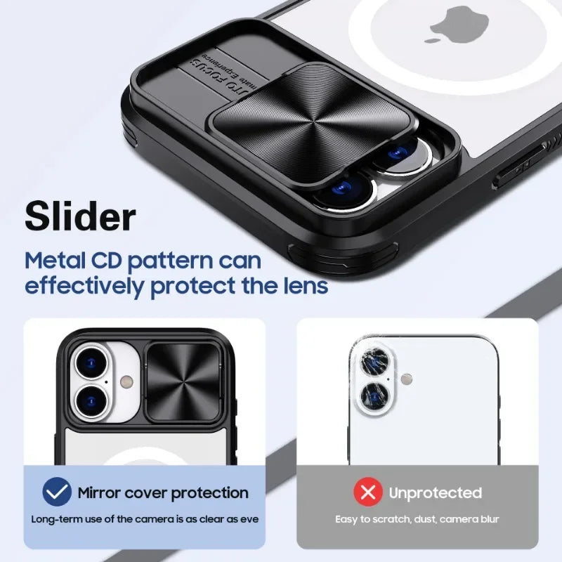 New Slide Camera Lens Protector Armor Case For iPhone 16 15 13 14 Plus 11 12 Pro Max  For Magsafe Shockproof Bumpers Clear Cover