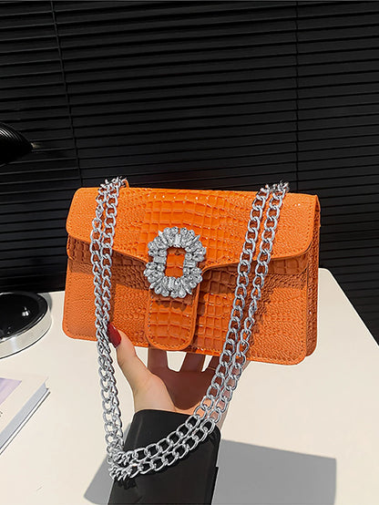 Crocodile Embossed Shoulder Bags For Women Flap PU Leather Fashion Rhinestone Decor Small Square Crossbody Bag Designer Handbag