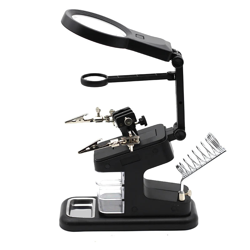 3-in-1 Welding Magnifying Glass with LED Light – Auxiliary Clip Loupe, Soldering Iron Stand & Holder Station