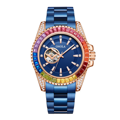 Fashion Colored Diamond Hollowed Out Watch for Men ONOLA Fully Automatic Mechanical Precision Strap for Men's Watch Clock