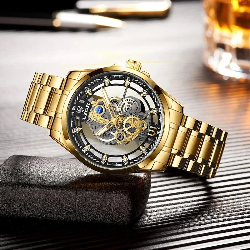 LIGE Luxury Men's Skeleton Quartz Watch – Retro Gold Design, Top Brand Elegance