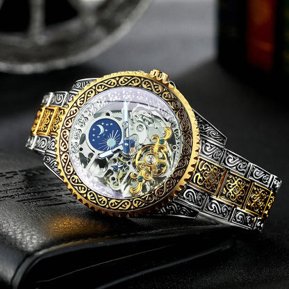 Forsining Luxury Gold Skeleton Mechanical Watches Moon Phase Retro Engraved Luminous Tourbillon Automatic Mens Watch Steel Strap