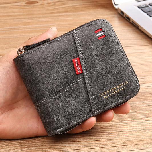 2024 new men's wallet short horizontal style fashion stitching three fold zipper pocket pocket multi-functional retro casua