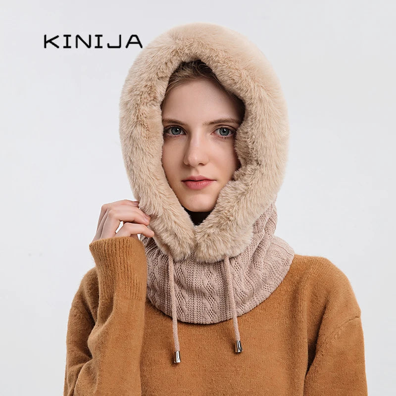 Winter Fur Cap Mask Set Hooded for Women Knitted Cashmere Neck Warm Balaclava Ski Windproof Hat Thick Plush Fluffy Beanies hood