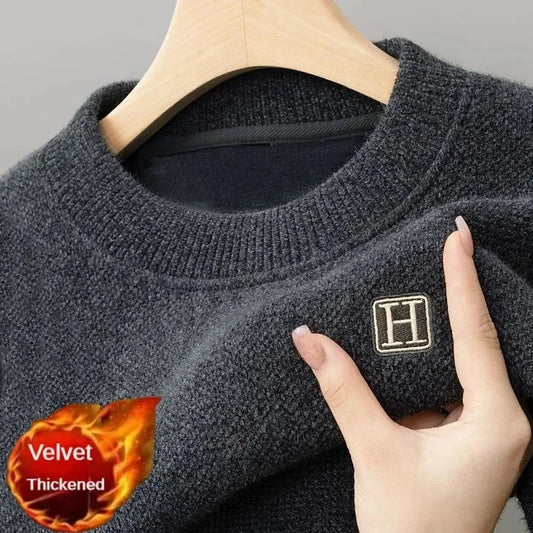 Men’s Winter Fleece Sweater – Thick Warm Knitted O-Neck Pullover with Embroidery, Casual Thermal Inner Layer