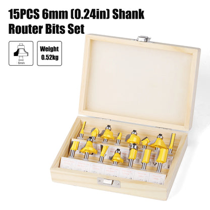 15PCS 1/4in 1/2in 6mm 8mm Shank Router Bit Set Trimming Straight Beading Milling Cutter Carbide Cutting Woodworking Tools