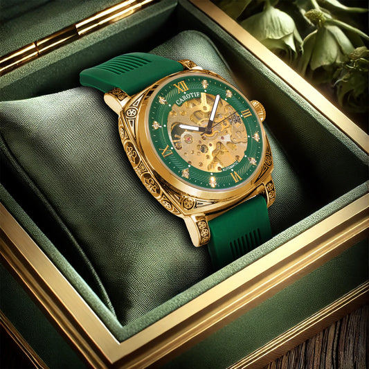 New Men’s Automatic Mechanical Watch – Elegant Gold & Green Strap, Fashionable Style with Night Light & Carved Pattern