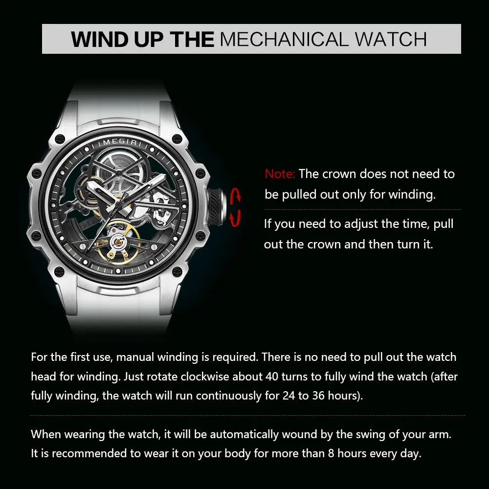 MEGIR Men's Skeleton Automatic Mechanical Watch – Luminous Waterproof Sport Wristwatch with Stainless Steel Case & Silicone Strap
