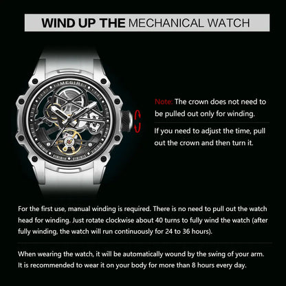 MEGIR Men's Skeleton Automatic Mechanical Watch – Luminous Waterproof Sport Wristwatch with Stainless Steel Case & Silicone Strap