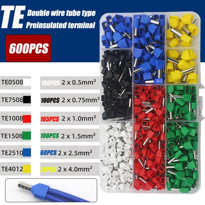 130/380/600PCS TE double wire tube type pre-insulated terminal European pin type cold pressed terminal pin type copper tube end