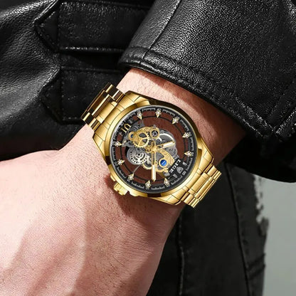 LIGE Luxury Men's Skeleton Quartz Watch – Retro Gold Design, Top Brand Elegance