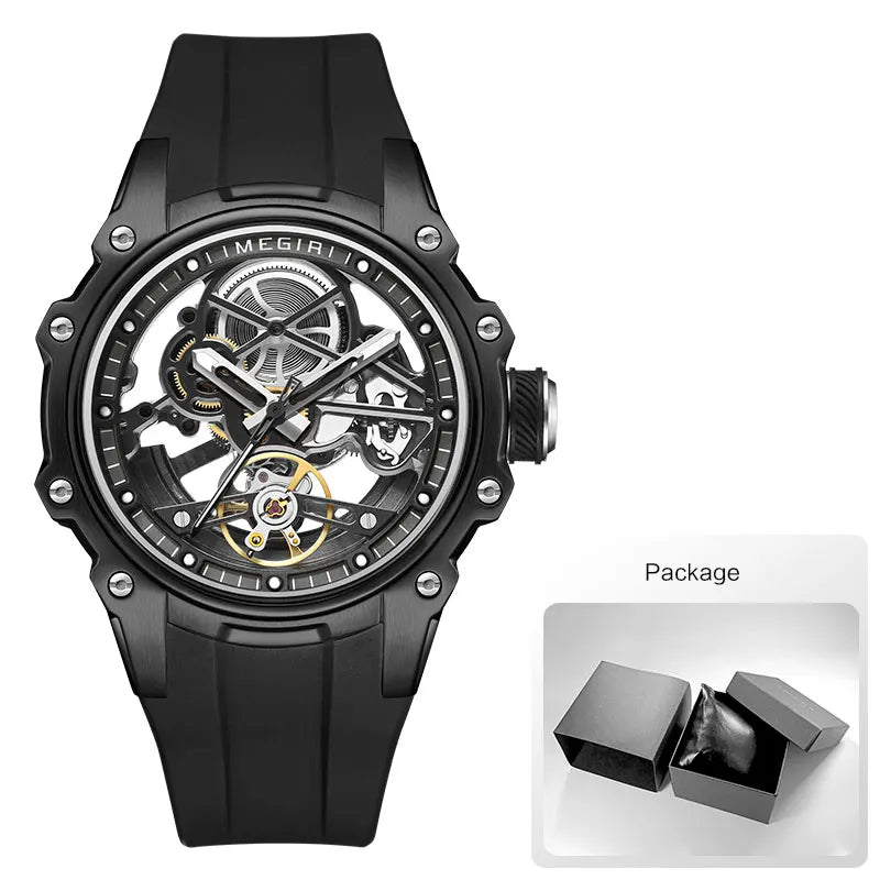 MEGIR Men's Skeleton Automatic Mechanical Watch – Luminous Waterproof Sport Wristwatch with Stainless Steel Case & Silicone Strap