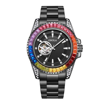 Fashion Colored Diamond Hollowed Out Watch for Men ONOLA Fully Automatic Mechanical Precision Strap for Men's Watch Clock