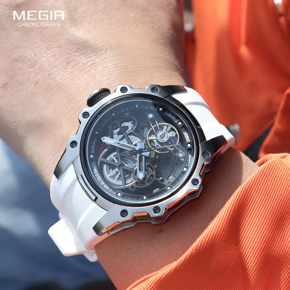 MEGIR Men's Skeleton Automatic Mechanical Watch – Luminous Waterproof Sport Wristwatch with Stainless Steel Case & Silicone Strap