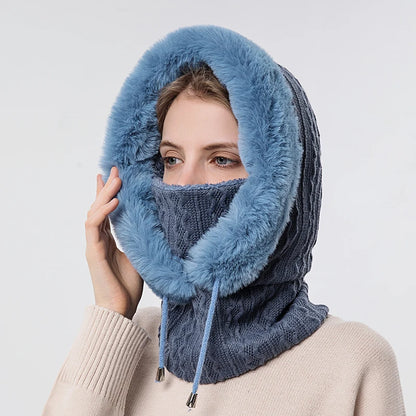 Winter Fur Cap Mask Set Hooded for Women Knitted Cashmere Neck Warm Balaclava Ski Windproof Hat Thick Plush Fluffy Beanies hood