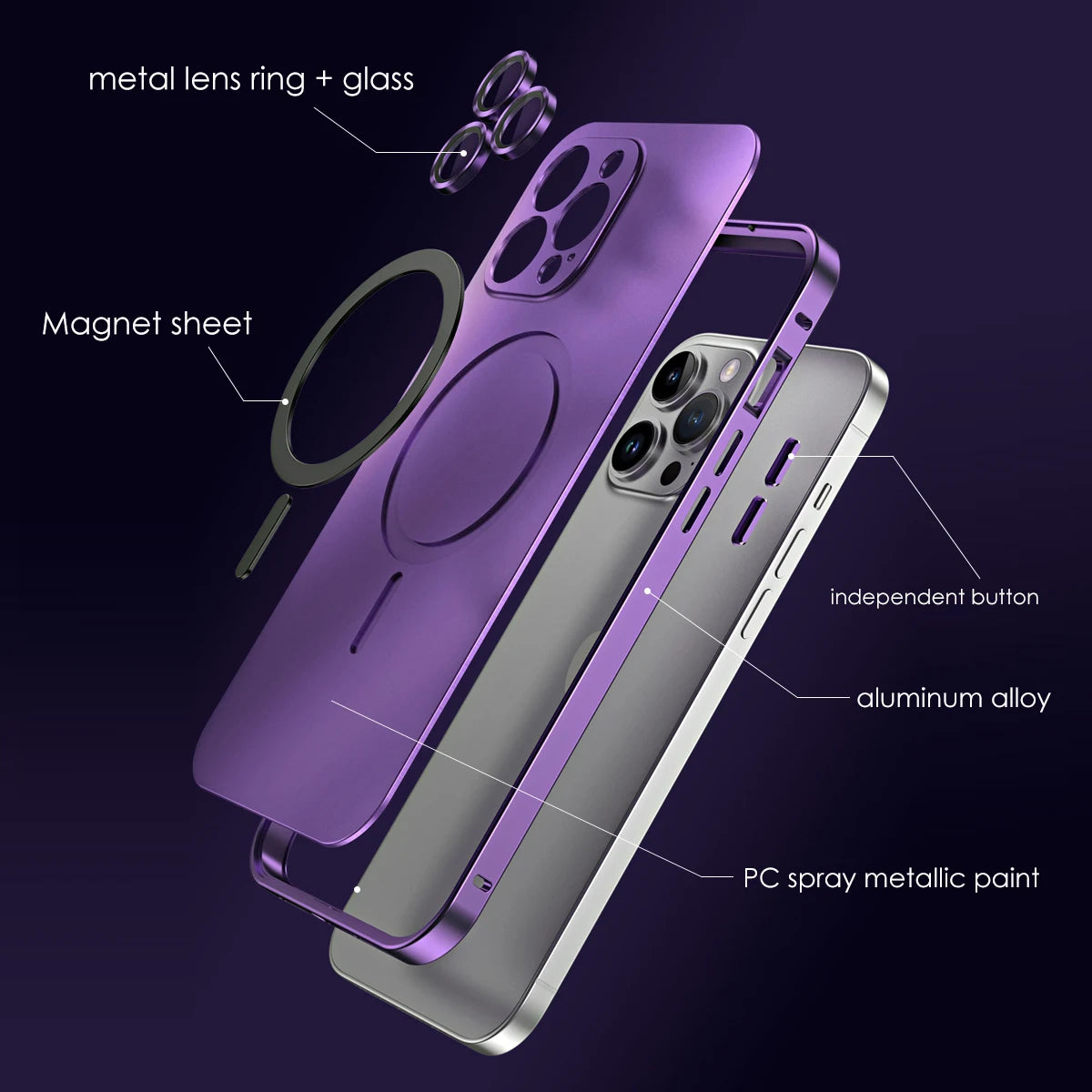 Aluminum Metal Frame Magnetic Case for iPhone 13/12/14/15/16 Pro Max Plus