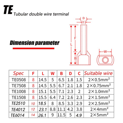 130/380/600PCS TE double wire tube type pre-insulated terminal European pin type cold pressed terminal pin type copper tube end