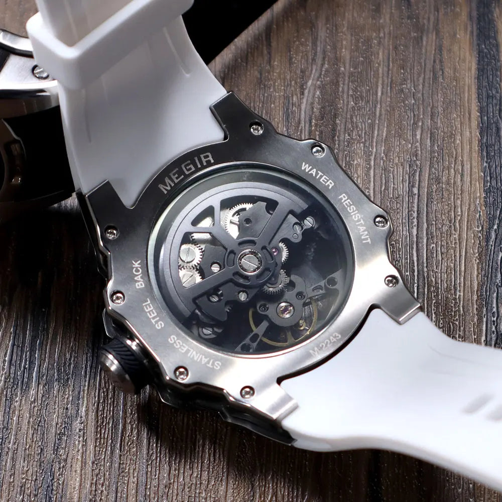 MEGIR Men's Skeleton Automatic Mechanical Watch – Luminous Waterproof Sport Wristwatch with Stainless Steel Case & Silicone Strap