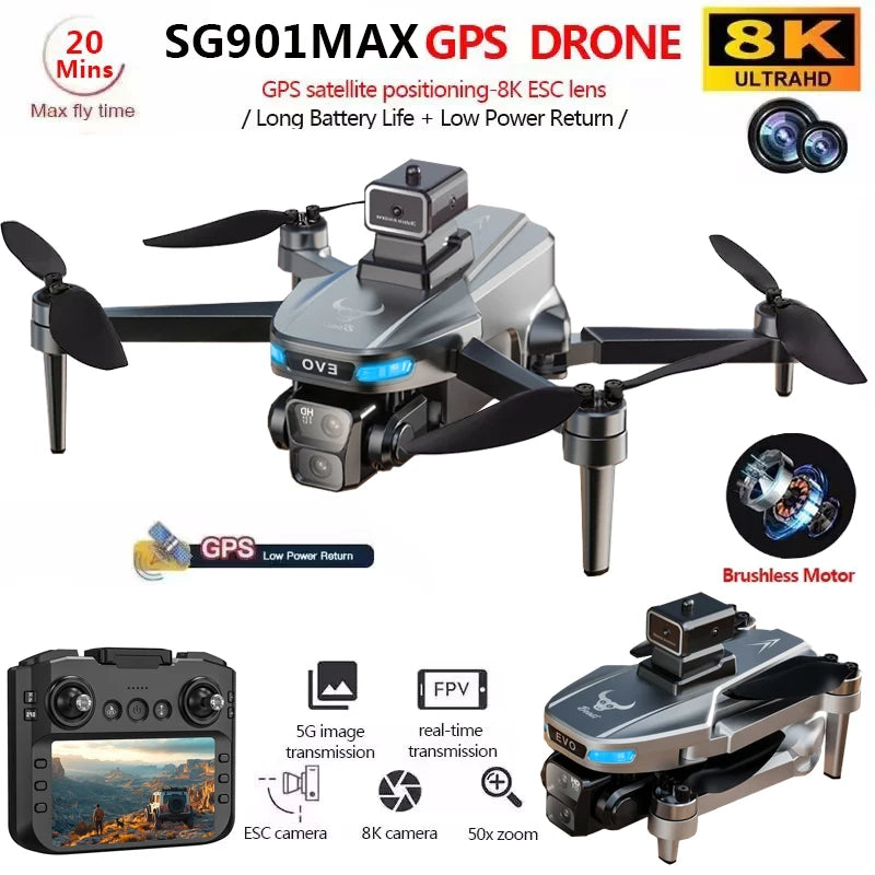 SG901MAX GPS Drone 8K HD Dual Camera, 5G WiFi, 360° Obstacle Avoidance, Foldable Brushless Quadcopter with Screen