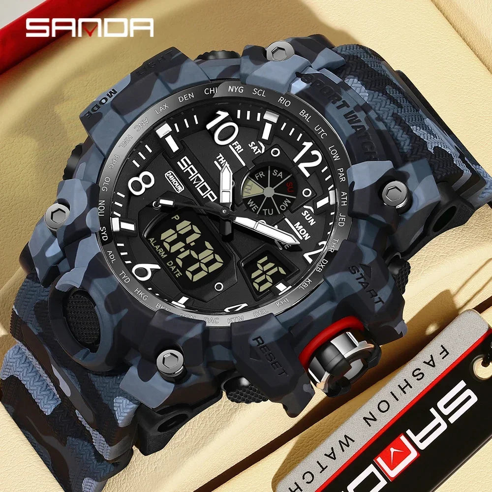 SANDA 3358Outdoor Electron Male Wristwatch Display Quartz Men Clock Sports Military Mens Watch  Camouflage LED Digital Watch