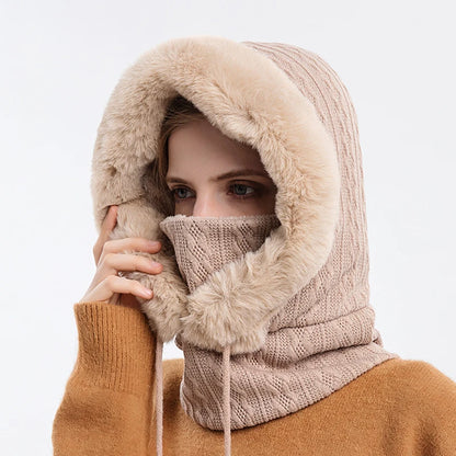 Winter Fur Cap Mask Set Hooded for Women Knitted Cashmere Neck Warm Balaclava Ski Windproof Hat Thick Plush Fluffy Beanies hood