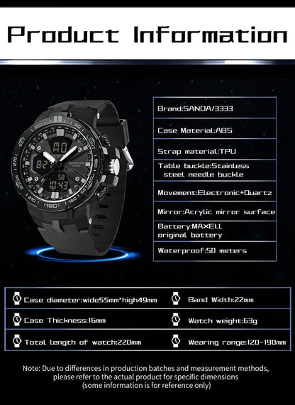 SANDA New 3333 Fashion Men's Electronic Watch Outdoor Sports Multi functional Waterproof LED Student Digital Electronic Watch