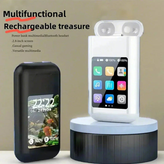 Multi-Function In-Ear Bluetooth Wireless Earphones – 2.8" Touch Screen Charging Case with Power Bank for Music & Gaming