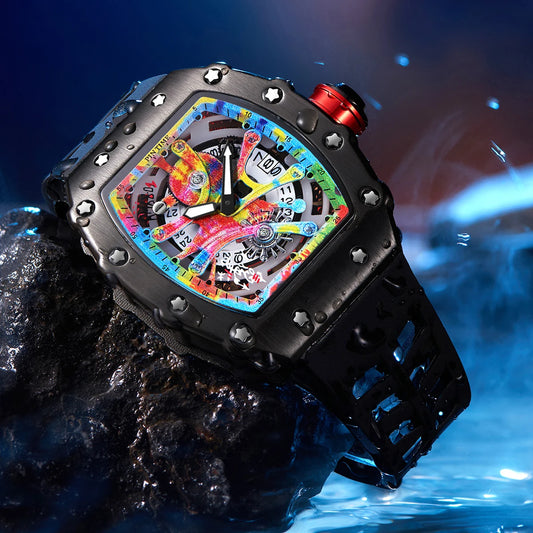 Luxury Tonneau Men’s Watch – Fashion Quartz Wristwatch with Graffiti Dial, Auto Date & Waterproof Sport Design