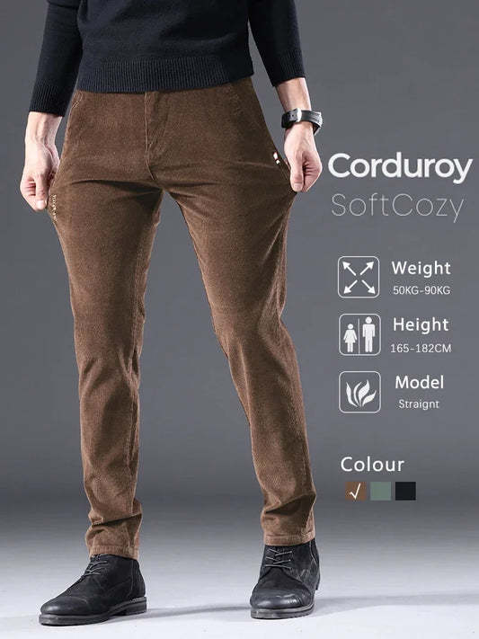 2024 Autumn Men's Slim Fit Corduroy Pants – Stretch Straight Trousers in Coffee Color