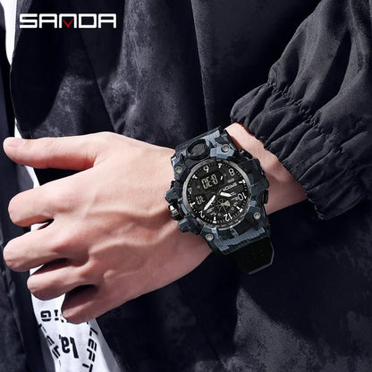 SANDA 3358Outdoor Electron Male Wristwatch Display Quartz Men Clock Sports Military Mens Watch  Camouflage LED Digital Watch