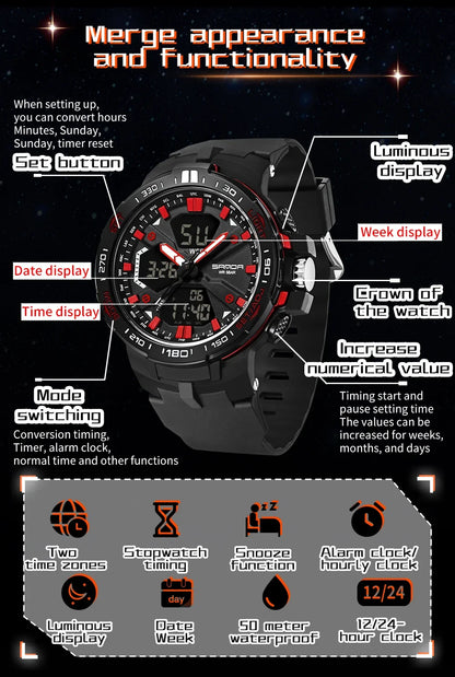 SANDA New 3333 Fashion Men's Electronic Watch Outdoor Sports Multi functional Waterproof LED Student Digital Electronic Watch