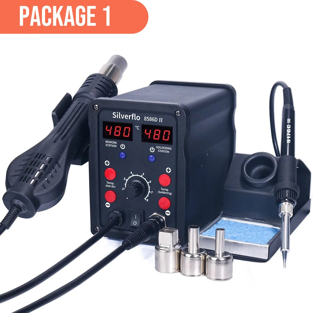 Silverflo 8586D Soldering Station 2 IN 1 Hot Air Gun Solder Station with 2 Digital display,10-Minute Sleep Mode for SMD Rework