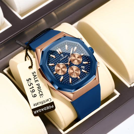 Luxury Men’s Chronograph Watch – Waterproof Quartz Wristwatch with Luminous Dial & Date Display, Silicone Strap
