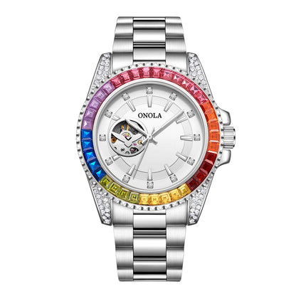 Fashion Colored Diamond Hollowed Out Watch for Men ONOLA Fully Automatic Mechanical Precision Strap for Men's Watch Clock