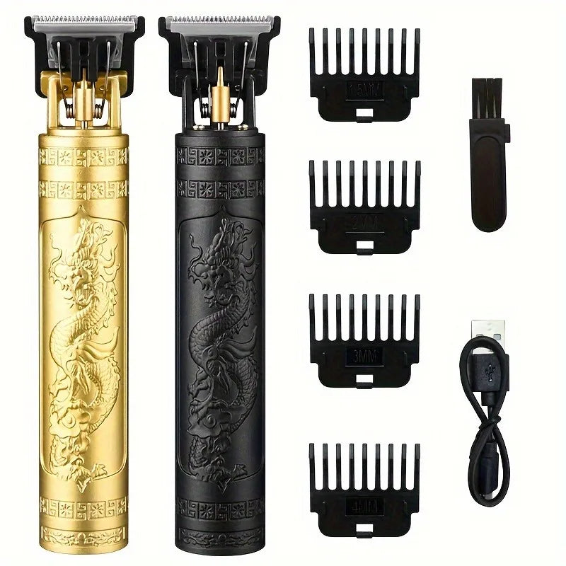 Vintage T9 Electric Hair Clipper – Professional Rechargeable Barber Trimmer for Men with Dragon Buddha Design