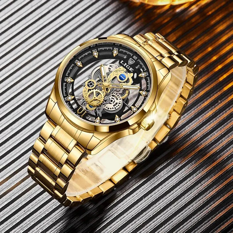 LIGE Luxury Men's Skeleton Quartz Watch – Retro Gold Design, Top Brand Elegance