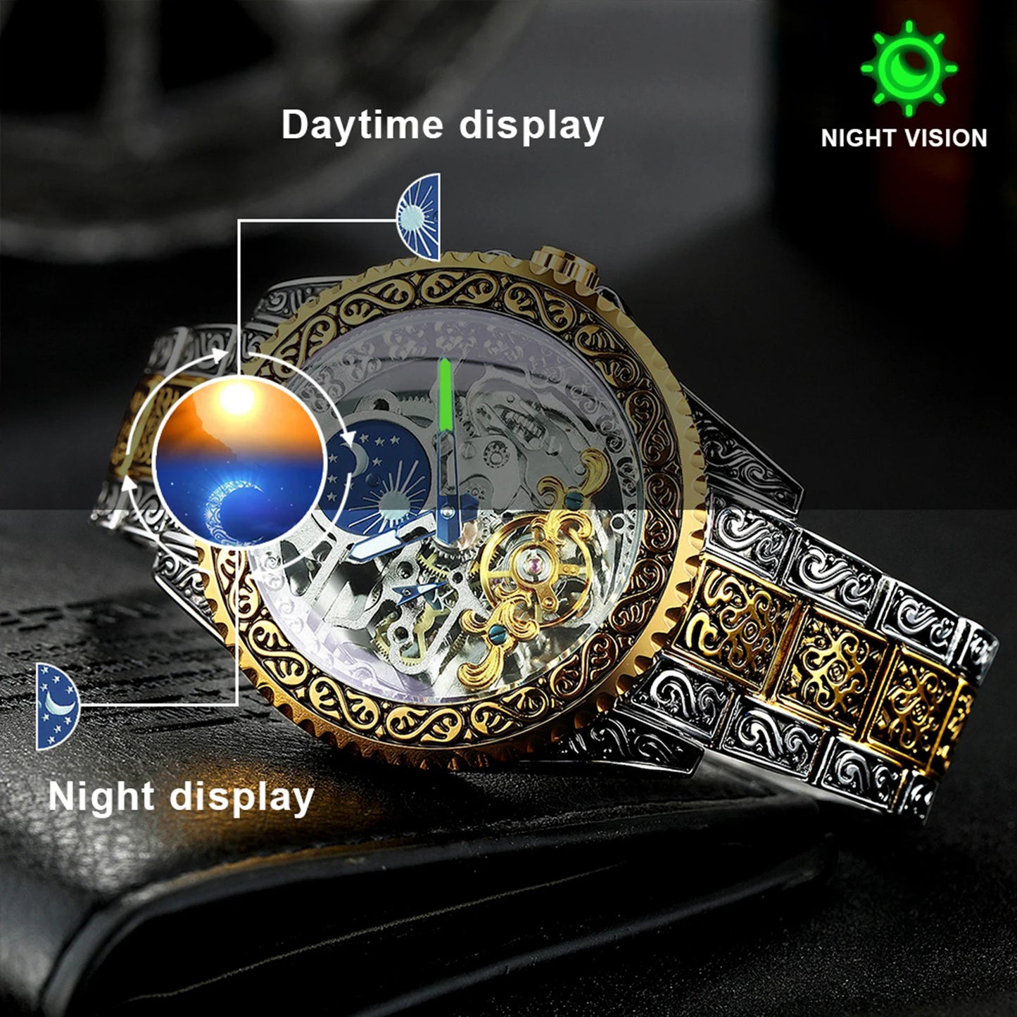 Forsining Luxury Gold Skeleton Mechanical Watches Moon Phase Retro Engraved Luminous Tourbillon Automatic Mens Watch Steel Strap