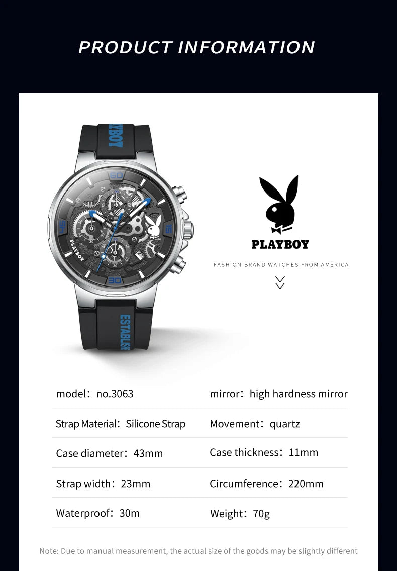 PLAYBOY Fashion Men Watches Top Brand Luxury Silicone Sport Watch Men Quartz Date Waterproof Wristwatch Chronograph Clock Man