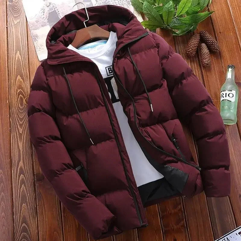 Winter Men's Cotton Coat, Loose-Fit Cropped Hooded Puffer Jacket, Trendy Casual Parka for Outdoor Wear