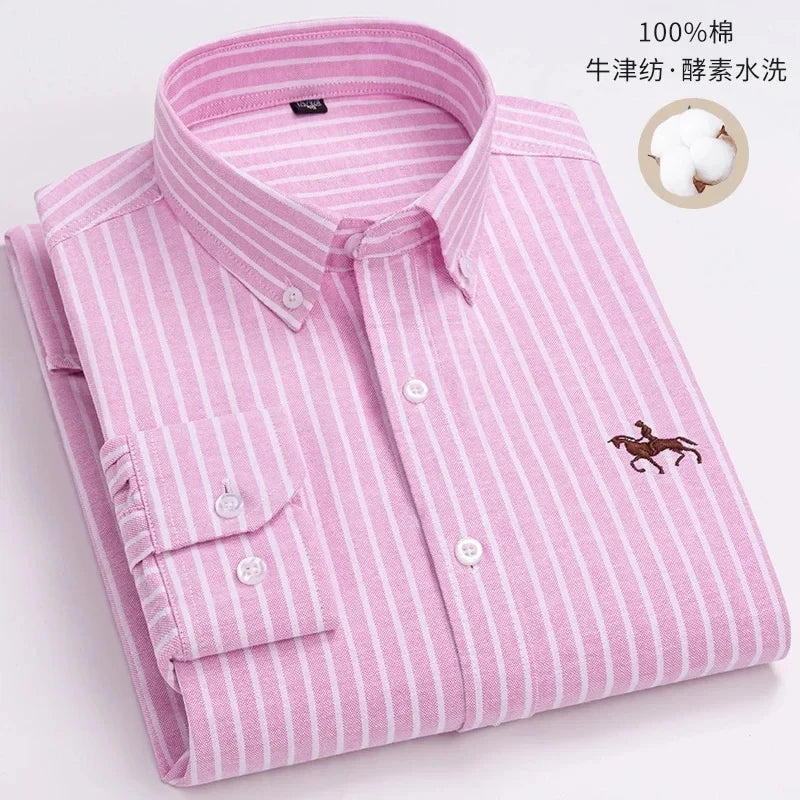 100% Pure Cotton Men’s Long Sleeve Dress Shirt - Oxford Plaid & Striped Styles, Regular Fit S-6XL for Work & Casual Wear