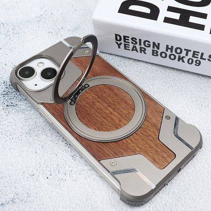 Walnut Wood & Metal Case for iPhone 14/15 Pro Max - 360° Rotating Ring Stand & Magnetic MagSafe Holder